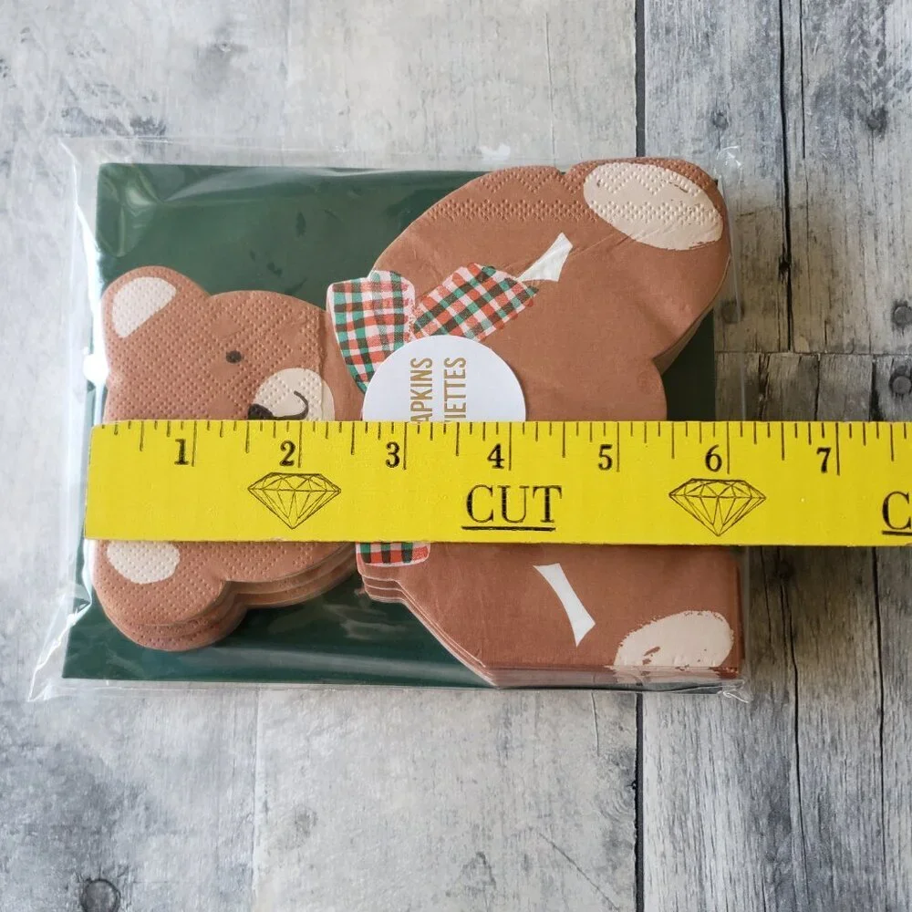 NWT - Meri Meri Bear With Plaid Bow Paper - 16 Plates and 32 Napkins